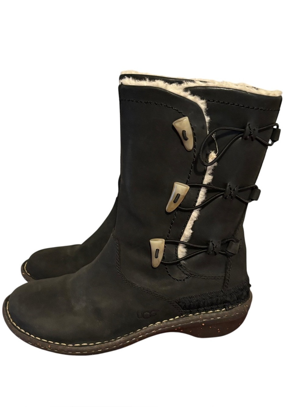 UGG Kona  Black Leather Shearling-Lined Women's Mid-Calf Boot 7-7.5